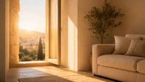 Warm sunlight entering through an open window into a quiet living room, symbolizing calm reflection and personal messages.