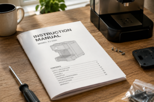 Instruction manual for a machine on a wooden workbench surrounded by tools and parts, illustrating the importance of following a designer's guidance.