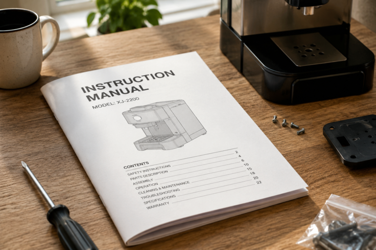 Instruction manual for a machine on a wooden workbench surrounded by tools and parts, illustrating the importance of following a designer's guidance.
