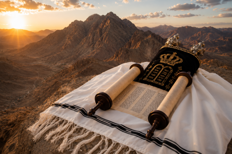 Torah scroll resting on a white tallit with black stripes overlooking a mountain landscape associated with Mount Sinai at sunset, viewed from an observant Jewish perspective.