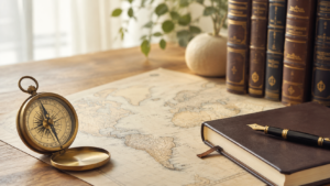 Vintage compass on a world map beside a notebook, fountain pen, and Jewish books, symbolizing Hashem guiding history beyond human plans.